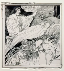 Daar lag ze, zo mooi uitziend, illustratie uit Briar Rose, The True Annals of Fairyland - The Reign of King Herla, uitgegeven door J.M. Dent & Co. Ltd., 1900