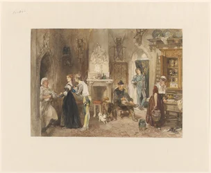 Bedienden van een kasteel in een voorvertrek verenigd