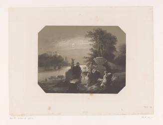 Mannen en vrouwen in landschap bij maanlicht