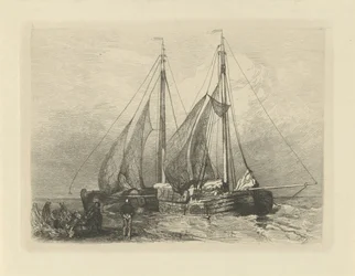 Zeilschepen aan een strand