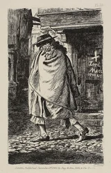 Een gehulde figuur die door de straat loopt (ten tijde van de pest in Londen)