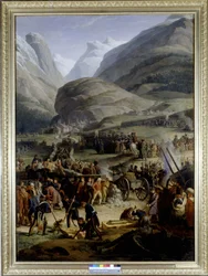 Het Franse leger in het dorp Saint Pierre voor de oversteek van de Saint Bernard pas - door Charles Thévenin, olieverfschilderij, begin 19e eeuw.