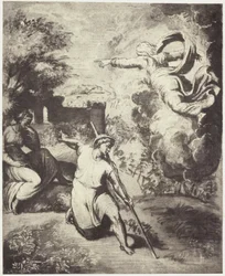Fotoreproductie van een tekening van Rafaël, verdrijving van Adam en Eva uit het paradijs