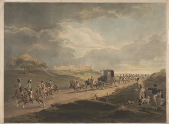 Zijne Majesteit keert in zijn reiswagen vanuit Windsor terug naar de stad