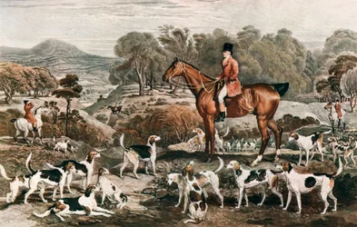 Ralph John Lambton en zijn paard Undertaker en honden, eind 18e eeuw, 1912
