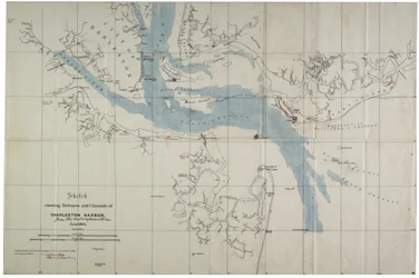 Schets met verdedigingswerken en kanalen van de Haven van Charleston, juni 1864