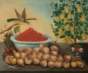 Stilleven: Fruit, vogel en dwergperenboom