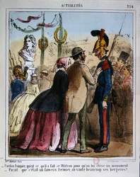 Cartoon die de spot drijft met de oprichting van een herdenkingsbeeld van Watteau, ca. 1870
