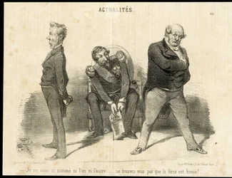 Illustratie door Charles Vernier (? -1887) in Le Charivari - President van de Republiek, Ministerie, Armstoel (symbool van macht) - Napoleon III, Barrot Odilon (1791-1873), Minister, Faucher Leon (1803-1854)