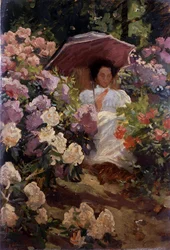 Meisje met een parasol. Jong meisje met een parasol in een bloeiende tuin. Schilderij van Charles Wellington Furse (1868-1904 Engels) Privécollectie