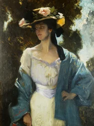 Portret van Frances Josephine Furse, de schoonzus van de kunstenaar in een blauwe oosterse jas, 1903