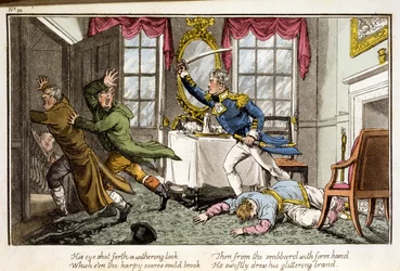 Zijn oog schoot een vernietigende blik ... uit The Adventures of a Post Captain, door een marineofficier