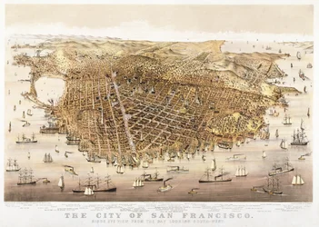 De stad San Francisco, vogelvlucht vanuit de baai naar het zuidwesten, gepubliceerd door Currier & Ives