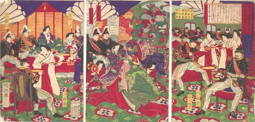 Leiders van de pacificatie van de rebellen van Kagoshima vieren feest met bekers ..., 20 september 1877.