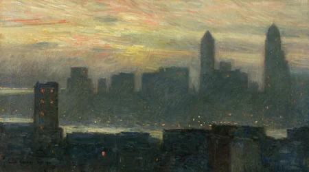 Mistige zonsondergang in Manhattan