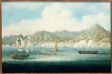 Een uitzicht op Victoria, Hong Kong met Britse schepen en andere vaartuigen, ca. 1850
