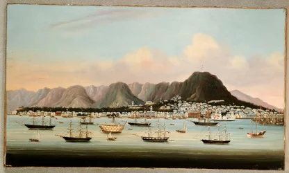 Een Zicht op Victoria, Hong Kong, met de Hulk H.M.S Princess Charlotte en Amerikaanse, Britse en Franse Schepen, ca. 1862