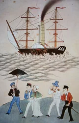 Chinese schilderij van het eerste Britse stoomschip en passagiers die in Canton aankomen, c.1840