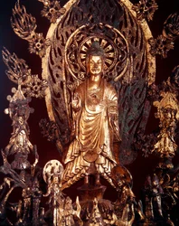 (detail) van een altaarstuk gewijd aan Boeddha Maitreya, 524