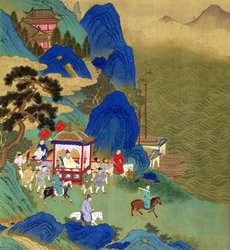Keizer Qin Wang Ti (221-206 v.Chr.) reist in een draagstoel, uit een geschiedenis van Chinese keizers