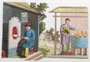 Het bakken van porselein in China aan het einde van de 18e eeuw, uit La Chine en Miniature, door J.B. Breton, Parijs, uitgegeven door Nepveu, 1811