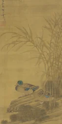 Twee eenden tussen riet aan de waterkant, Ming of Qing dynastie, 15e-18e eeuw