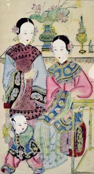 Twee vrouwen met een kind, Yangliuqing (kleur houtsnede)