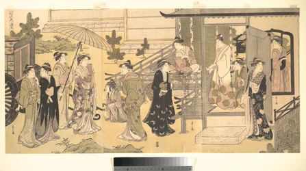 Een vermomde scène uit Het verhaal van Genji (Fūryū Yatsushi Genji), hoofdstuk 33, „Bladeren van blauweregen (Fuji no uraba)”
