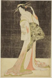 Een selectie van schoonheid uit de Plezierkwartieren (Seiro bijin awase): Courtisanes ingehuurd voor de Nieuwjaarsvakanties - Takigawa van de Ogiya, c.1794