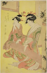 Schoonheden die de Zeven Wijzen Parodiëren - Een Selectie van Jongere Courtisanes (Shichi kenjin yatsushi bijin shinzo zoroe): Miyagawa van de Matsubaya