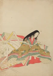Zittende hofdame in een gewaad met hoo-vogelmotief, plaat uit het album: Nishiki-zuri onna sanju rokkasen e-zukushi