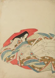 Zittende hofdame, naar links gewend, plaat uit het album: Nishiki-zuri onna sanju rokkasen e-zukushi