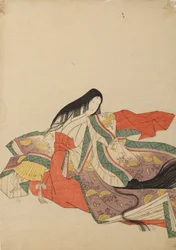 Zittende hofdame, naar links gewend, plaat uit het album: Nishiki-zuri onna sanju rokkasen e-zukushi
