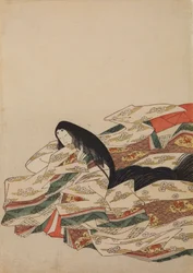 Zittende hofdame, naar links gekeerd, blad uit het album: Nishiki-zuri onna sanjū rokkasen e-zukushi