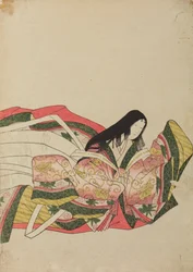 Zittende hofdame, naar rechts gewend, plaat uit het album: Zesendertig dichteressen / Nishiki-zuri onna sanju e-zukushi