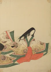 Zittende hofdame, naar rechts gewend, in een gewaad met medaillonpatroon, blad uit het album: Nishiki-zuri onna sanju rokkasen e-zukushi