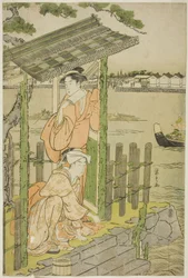 Verzameling bij een theehuis aan de oever van de Sumida-rivier