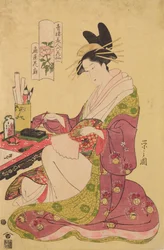 Oiran Hanaogi uit het huis Ogi-ya, uit de serie: Zes gedichten over schoonheden uit Yoshiwara afgebeeld als bloemen / Seiro bijin rokkasen