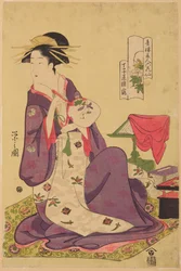 De oiran Hinazuru van de Chōjiya, uit de serie: Mooie vrouwen uit de Groene Huizen - zes beroemde dichteressen