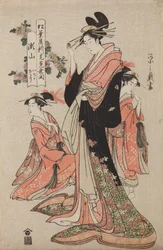Oiran Seyama van het huis Matsuba-ya met haar kamuro Iroka en Yukari, uit de serie: Openingsfeest van het nieuwe huis Matsuba-ya
