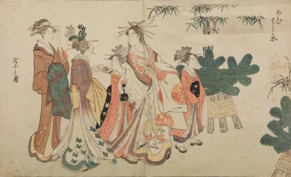 Oiran tijdens een nieuwjaarswandeling, omringd door twee shinzo en twee kamuro