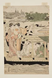 Pleziervaartuigen op de Sumida-rivier onder de Shin-ohashi-brug