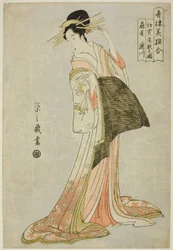 Takigawa van de Ogiya in de eerste verkoop van het nieuwe jaar (Hatsu uri zashiki no zu), uit de serie "Een vergelijking van geselecteerde schoonheden van de plezierwijken (Seiro bisen awase)"