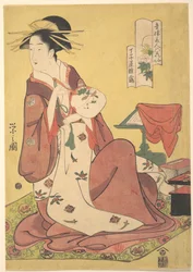 De courtisane Hinazuru van het bordeel Chōjiya (Chōjiya Hinazuru), uit de serie Schoonheden van de plezierwijken als zes onsterfelijken van de bloemen (Seirō bijin rokkasen)