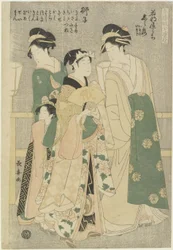 Drie courtisanes van Wakafune-ya House: Shiratsuyu, Isono en Isoji, ca. 1794