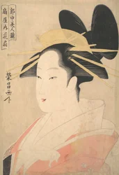 Groot hoofd en busteportret van de Oiran Hanaogi van Ogiya, waarschijnlijk 1798