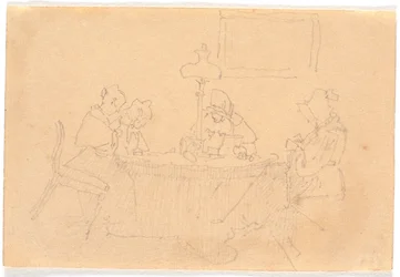 Avondinterieur. Vier dames rond een tafel, naaiend bij lamplicht