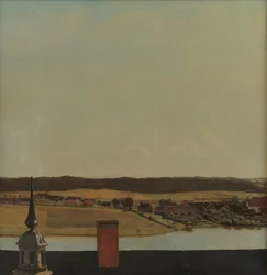 Dakrand van Frederiksborg Kasteel met Uitzicht op Meer, Stad en Bos