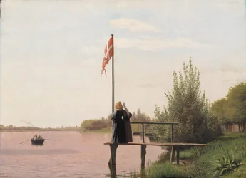 Een uitzicht op het meer Sortedam vanaf Dosseringen richting de buitenwijk Nørrebro buiten Kopenhagen