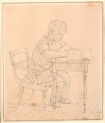 De zoon van de kunstenaar, Peter, schrijvend op een lei
